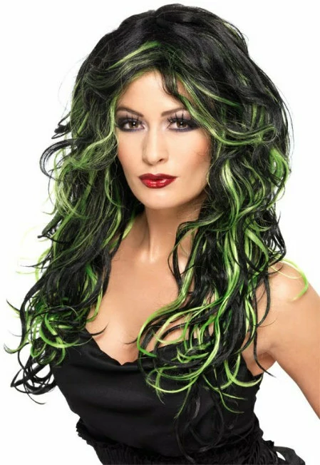 Long Streaked (Black/Green) Adult Wig 3 Long Streaked (Black/Green) Adult Wig